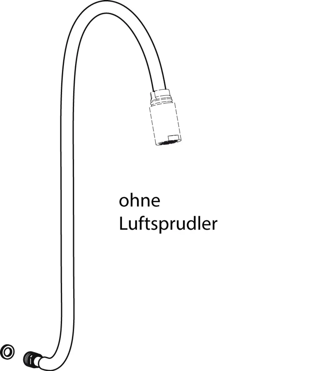 Brauseschlauch von Ideal Standard, gebogen mit einem Anschluss, der für den Einsatz ohne Luftsprudler vorgesehen ist, sichtbar im Zeichnungsstil.
